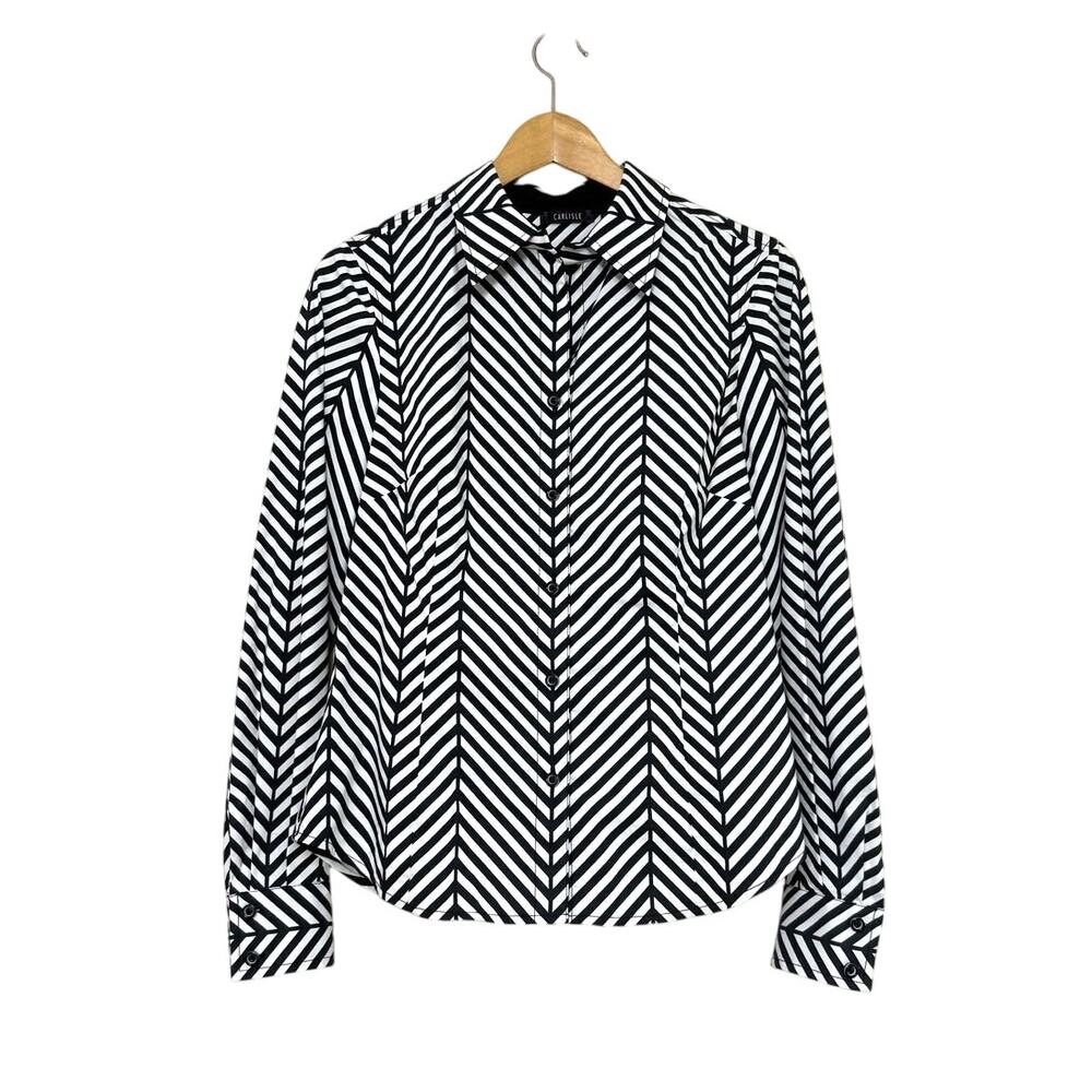 CARLISLE black white geometric chevron long sleeve button down shirt top